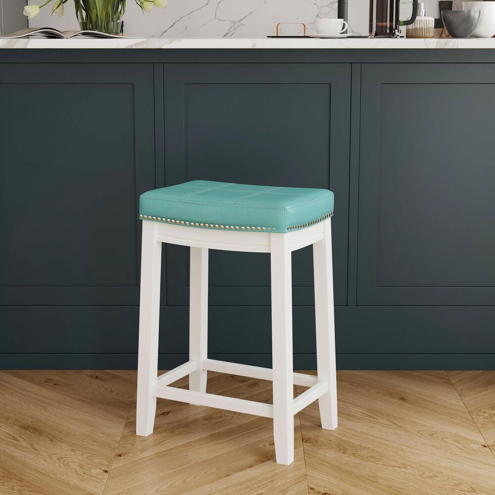 Linon Home Decor Claridge Counter Stool with Teal Cushion in White, , large