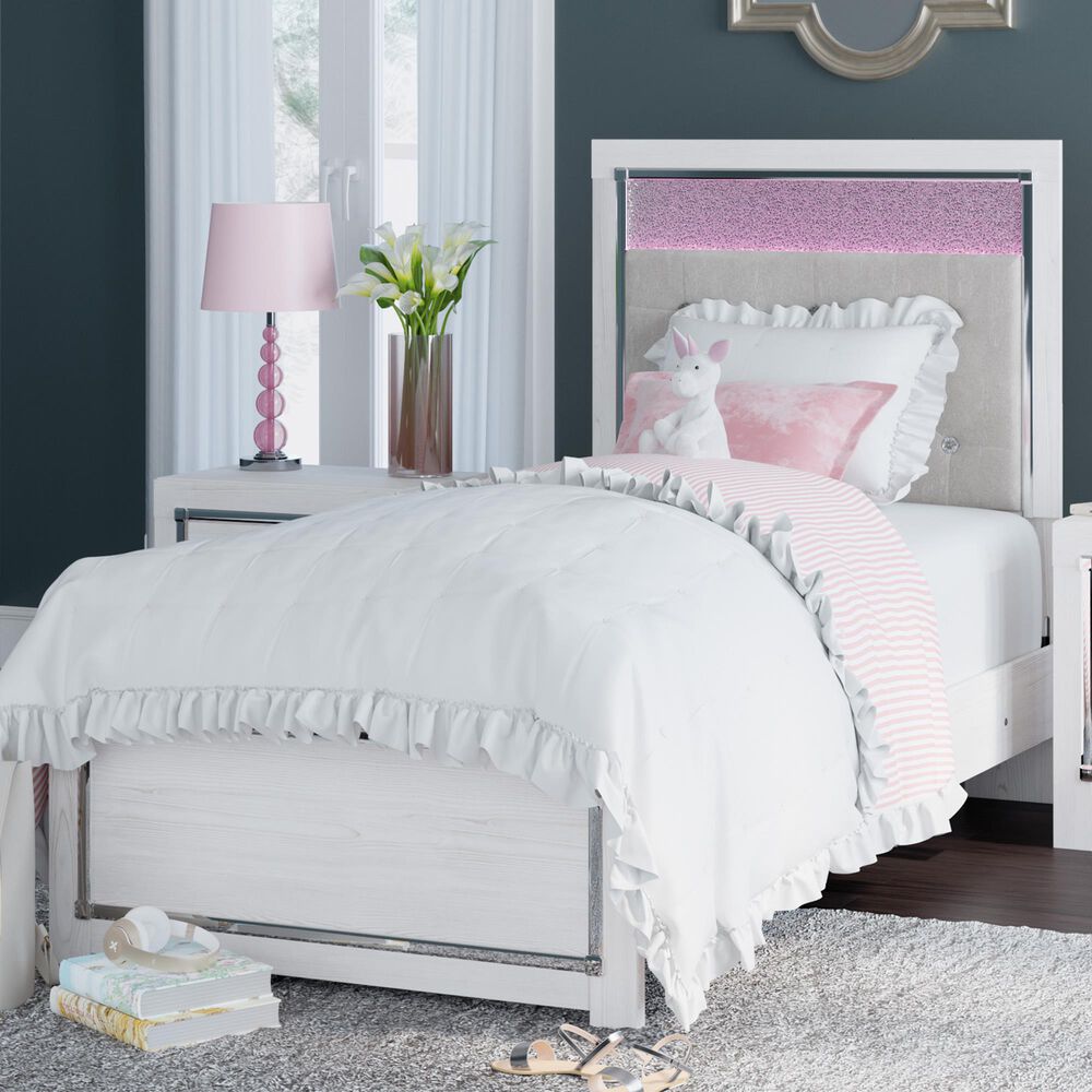 Ashley Altyra Twin Panel Bed in White with LED Headboard, , large