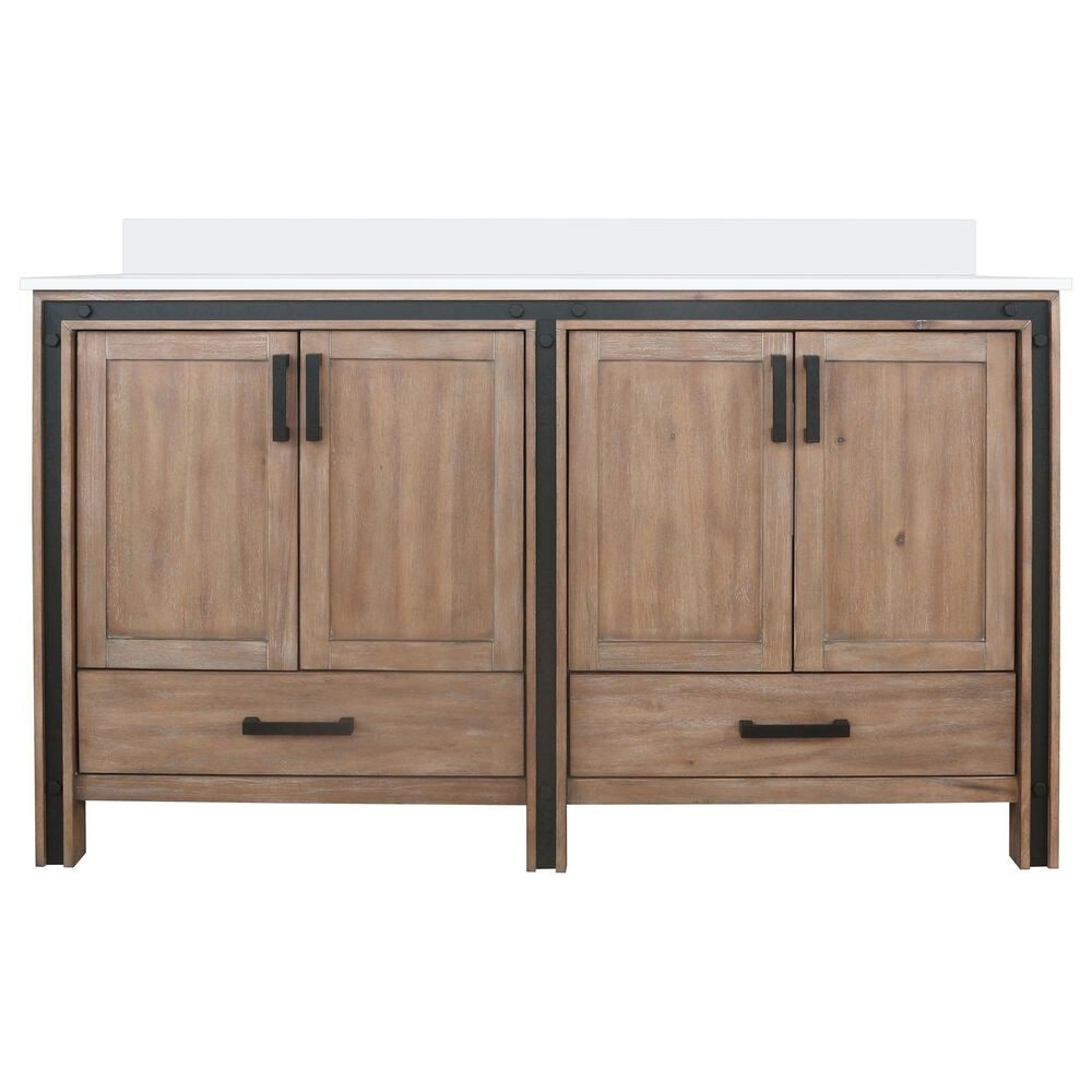 Lexora Home Ziva 60&quot; Double Bathroom Vanity in Rustic Barnwood with 2 cm White Quartz Top and Rectangular Sinks, , large