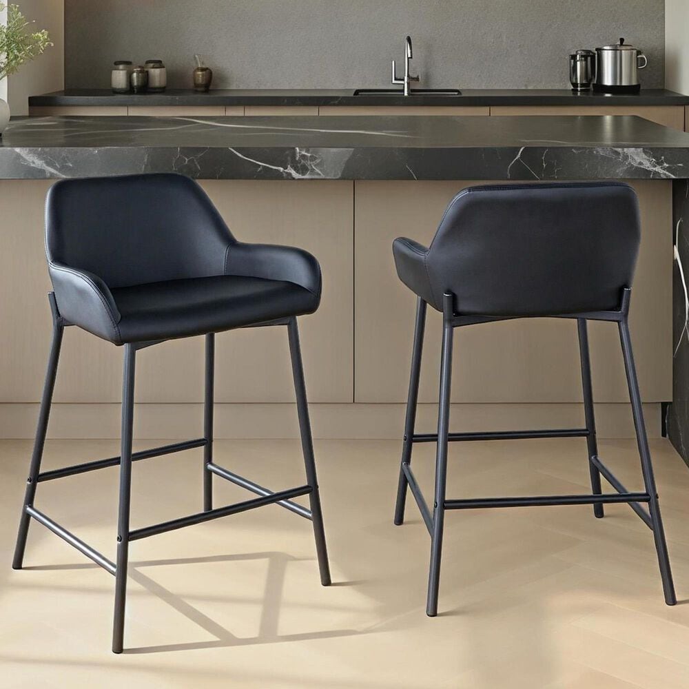 LumiSource Daniella Counter Stool with Black Faux Leather Upholstery in Black (Set of 2), , large