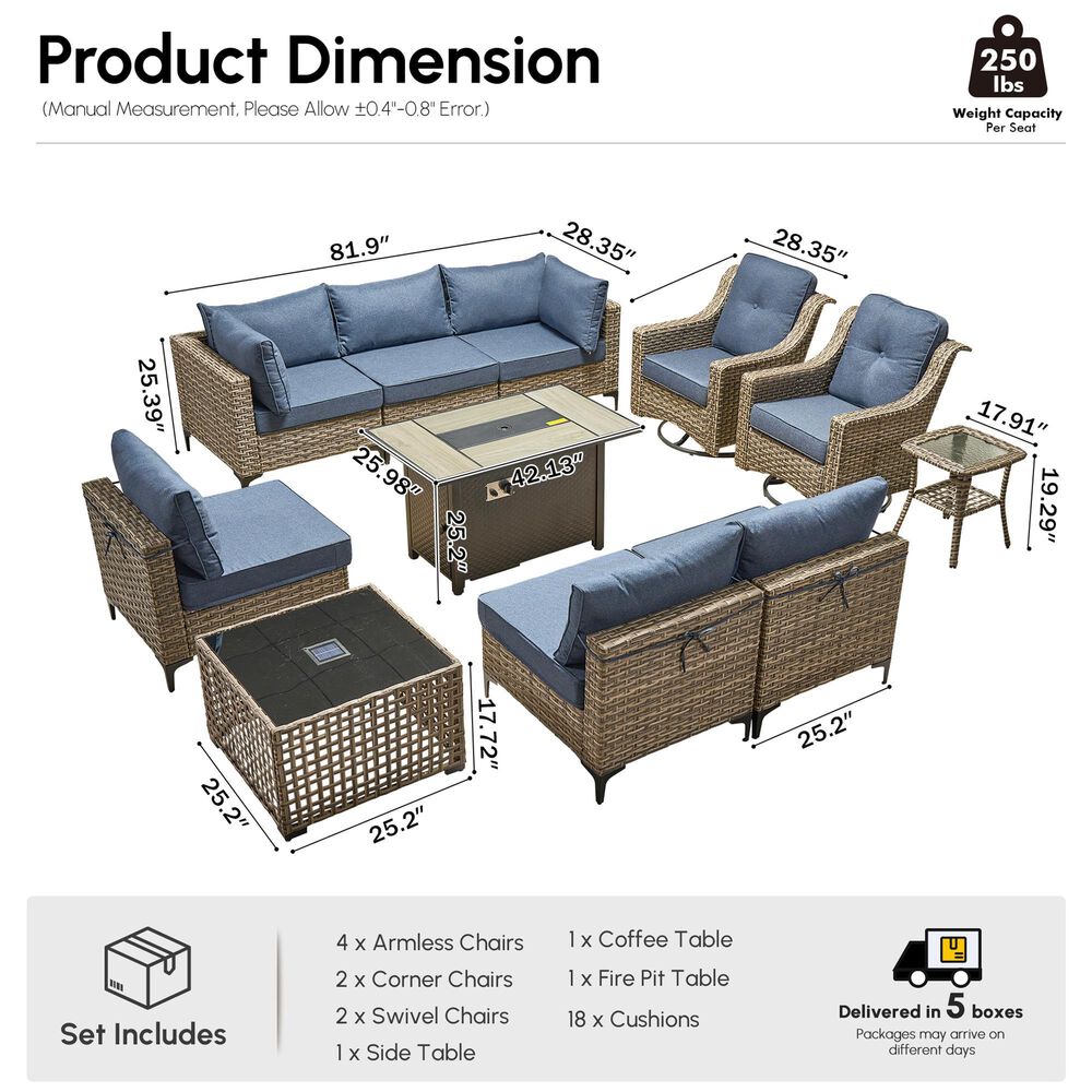 HOMLUX 11-Piece Patio Conversation Set with LED Coffee Table in Denim Blue, , large
