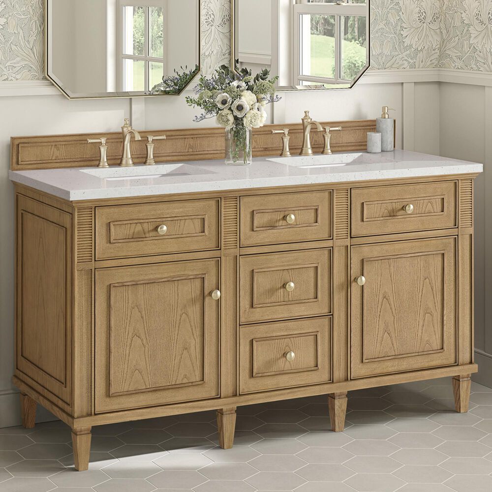 James Martin Vanities Lorelai 60&quot; Double Vanity in Light Natural Oak with 3 cm Lime Delight Quartz Top, , large