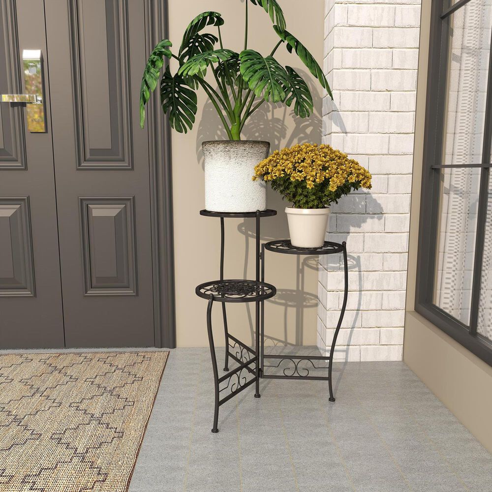 Maple and Jade 3-Tier Indoor/Outdoor Plant Stand with Scroll Details in Brown, , large