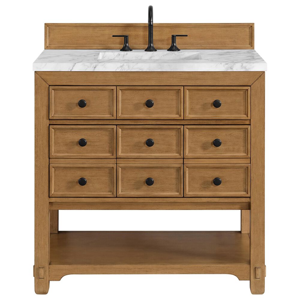 James Martin Vanities Malibu 36" Single Bathroom Vanity in Amber Birch with 3 cm Carrara White Marble Top and Rectangular Sink, , large