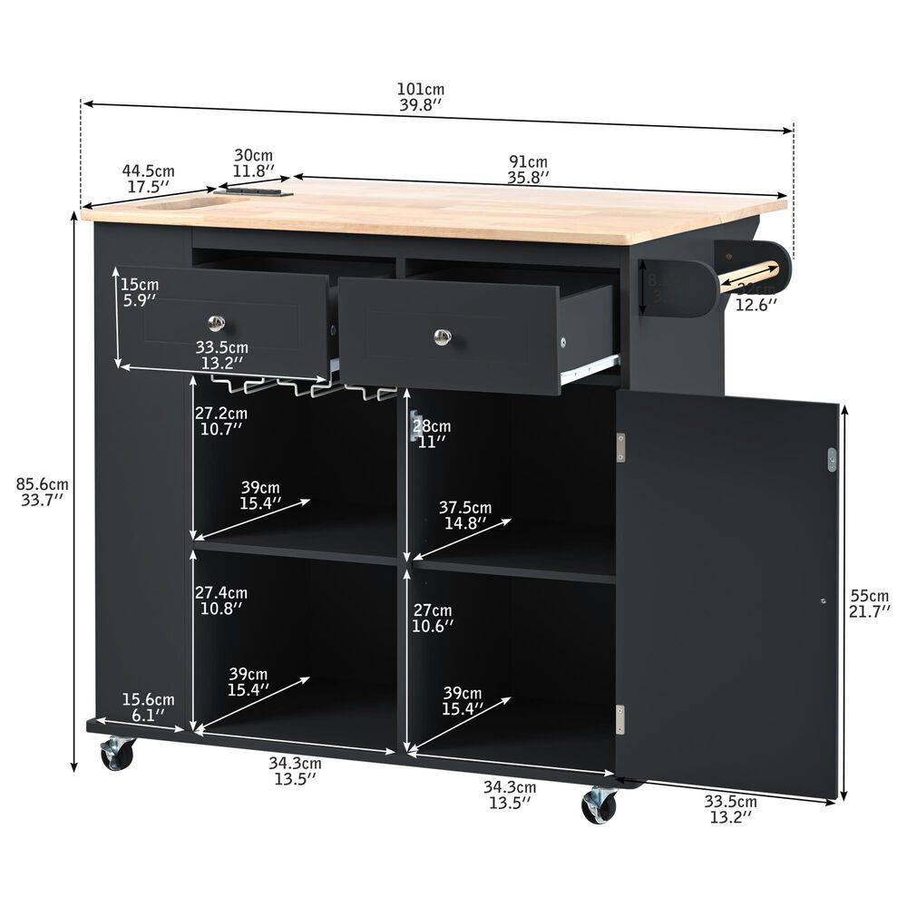 HOMLUX Kitchen Island with Power Outlet and Drop Leaf in Black, , large