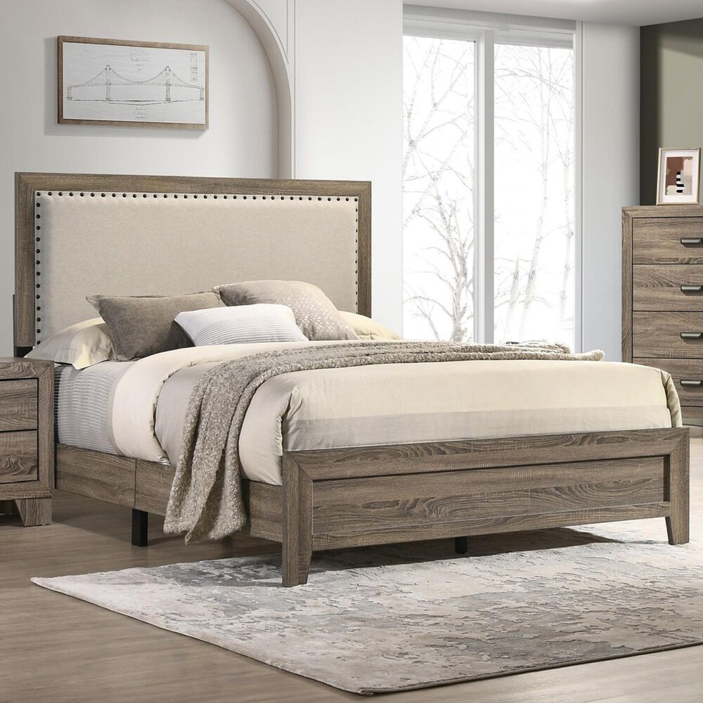 Hearth and Haven Queen Panel Bed with Upholstered Headboard in Grey, , large