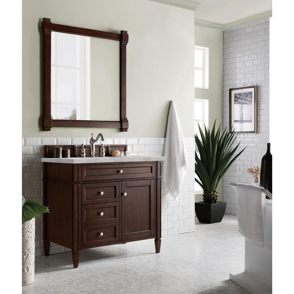 James Martin Vanities Brittany 36&quot; Single Bathroom Vanity in Burnished Mahogany with 3 cm Victorian Silver Quartz Top and Rectangular Sink, , large