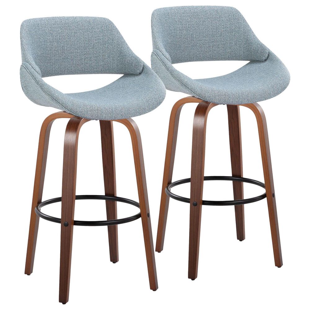 LumiSource Fabrico 30" Swivel Fixed-Height Bar Stool with Blue Noise Fabric Upholstery in Black and Walnut (Set of 2), , large