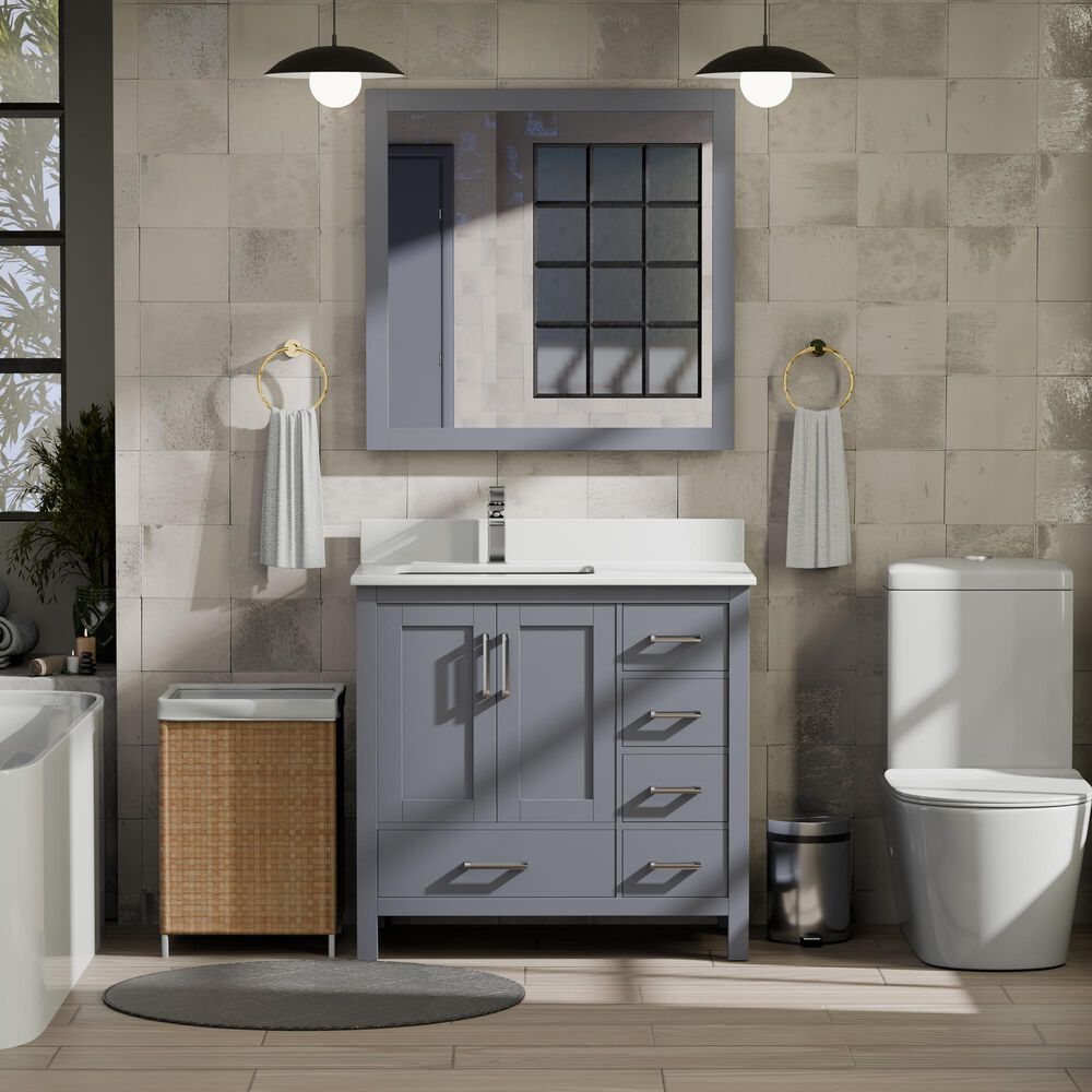Lexora Home Jacques 36" Left Offset Single Bathroom Vanity in Dark Grey with 2 cm White Cultured Marble Top and Rectangular Sink, , large