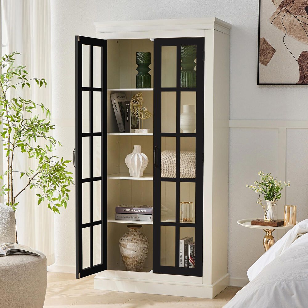 Hearth and Haven 71.2'' Freestanding Glass Door Pantry with Adjustable Shelves in White and Black, , large