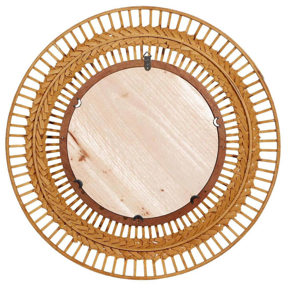 Maple and Jade 36&quot; Round Rattan Tribal Handmade Intricately Weaved Wall Mirror in Light Brown, , large