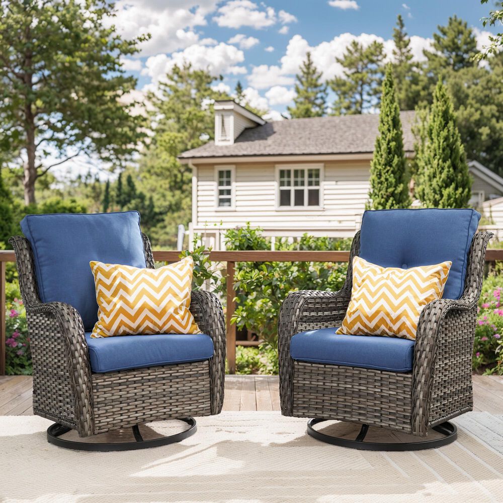 Sunwell Garden Patio Swivel Rocker Chair with Gray Rattan in Navy (Set of 2), , large