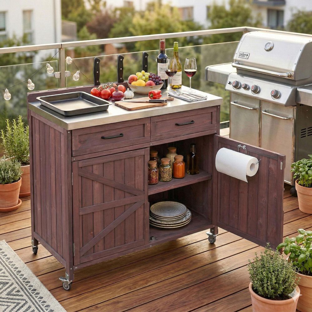 HOMLUX 39" Outdoor Kitchen Island with Stainless Table Top in Dark Brown, , large