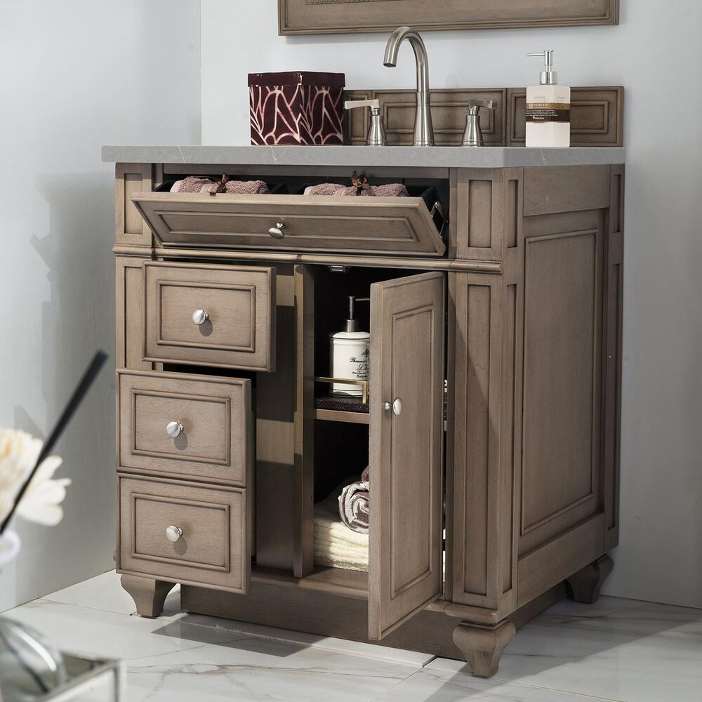 James Martin Bristol 30&quot; Single Bathroom Vanity in Whitewashed Walnut with 3 cm Eternal Serena Quartz Top and Rectangle Sink, , large