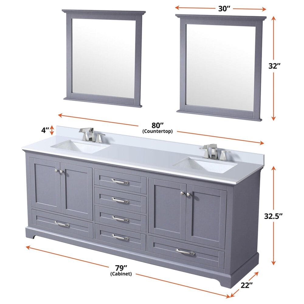 Lexora Home Dukes 80&quot; Double Bathroom Vanity in Dark grey with 2 cm White Quartz Top, Rectangular Sinks and 30&quot; Mirrors, , large