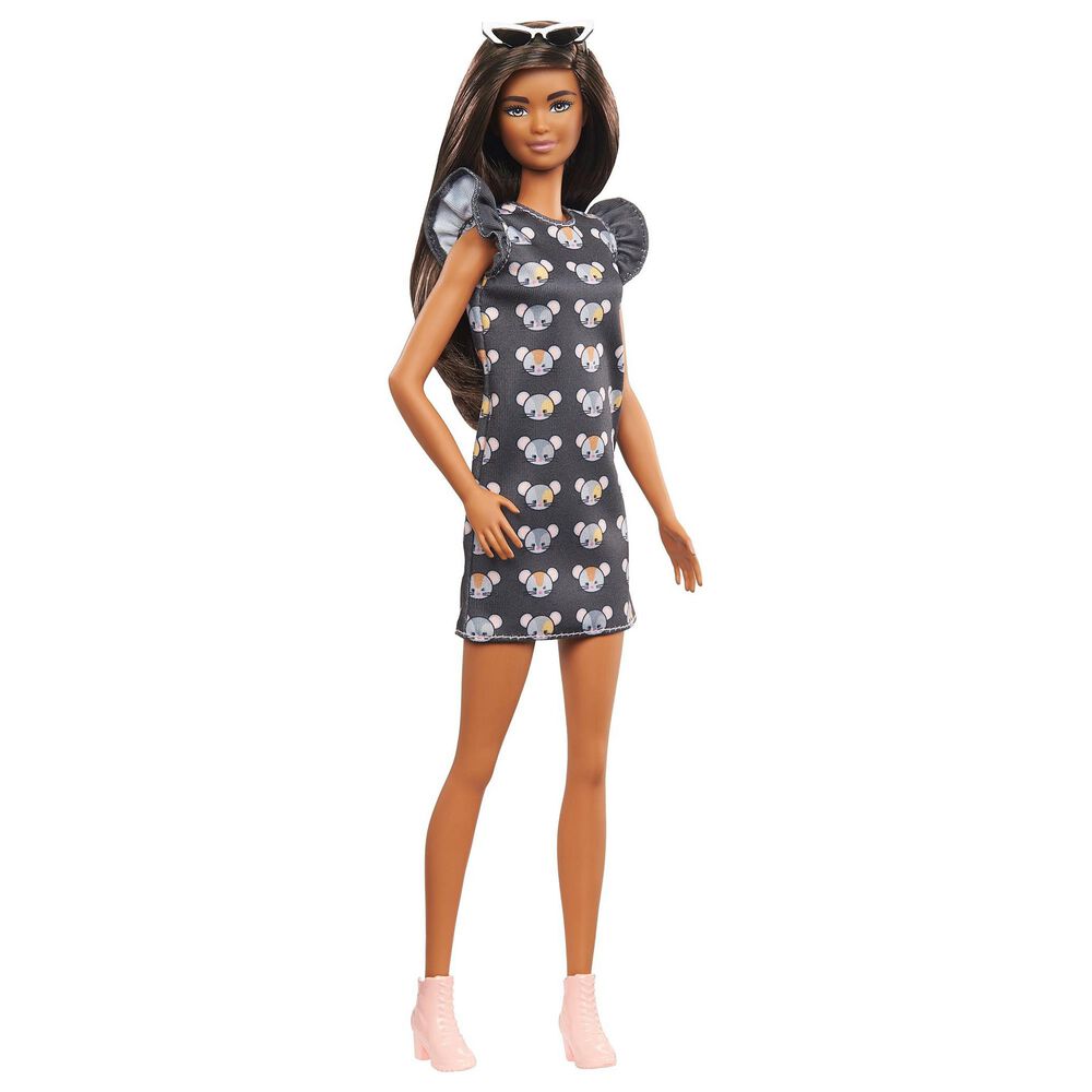 Barbie Fashionista Long Brunette Hair and Mouse-Print Dress, , large