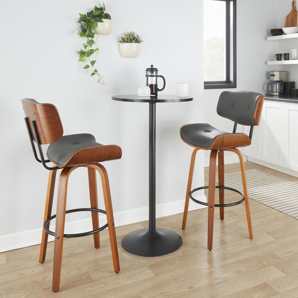 LumiSource Lombardi 30" Swivel Barstool with Grey Faux Leather Upholstery in Walnut and Black (Set of 2), , large