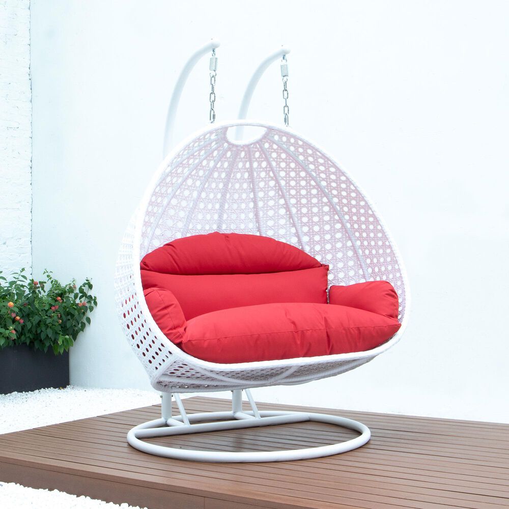 Leisuremod 2-Seat Hanging Egg Swing Chair with Red Cushion in White, , large