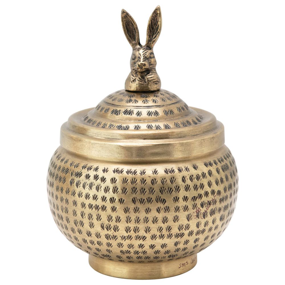 Creative Coop Round Hammered Metal Container with Rabbit Finial in Brass, , large