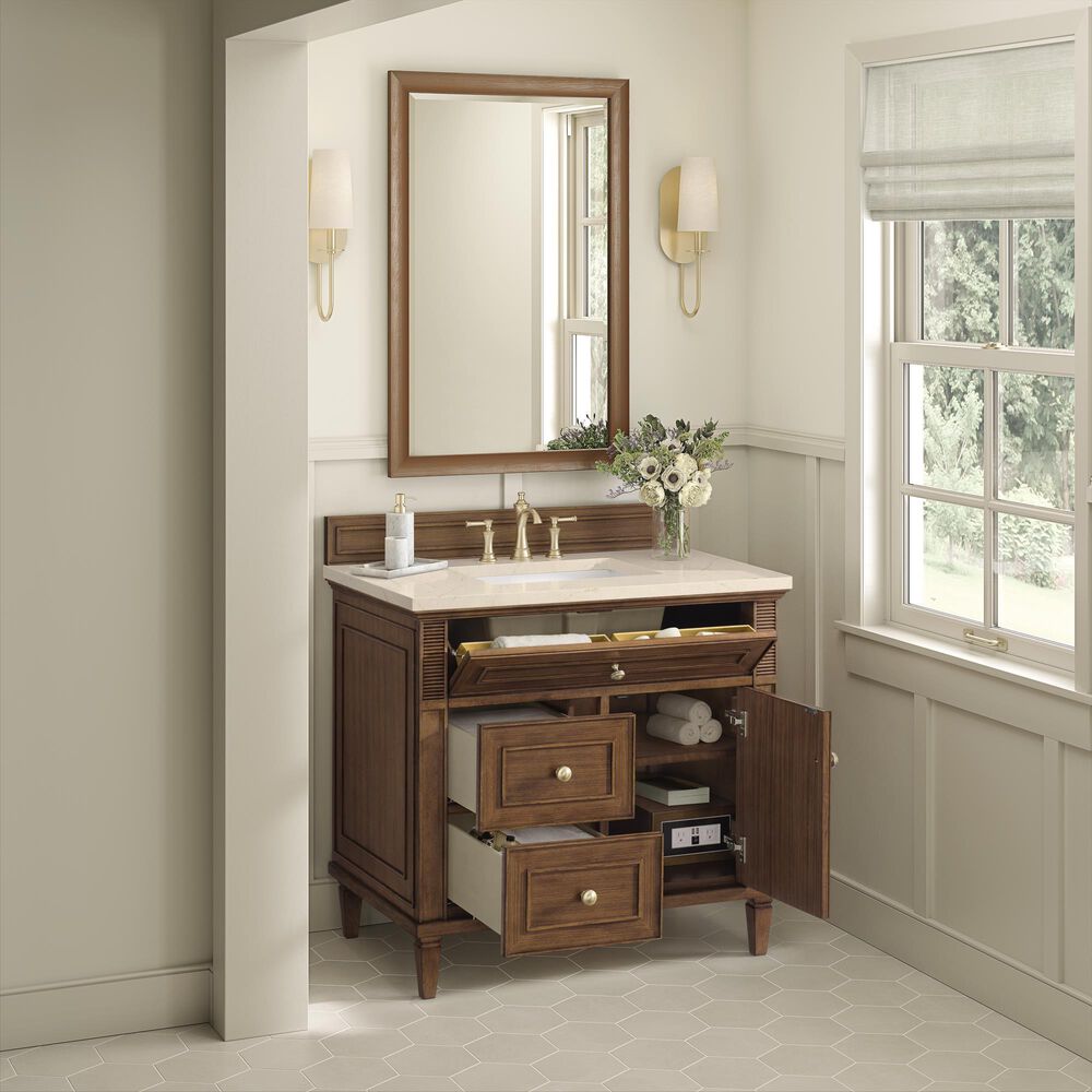 James Martin Vanities Lorelai 36&quot; Single Vanity in Mid-Century Walnut with 3 cm Eternal Marfil Quartz Top, , large