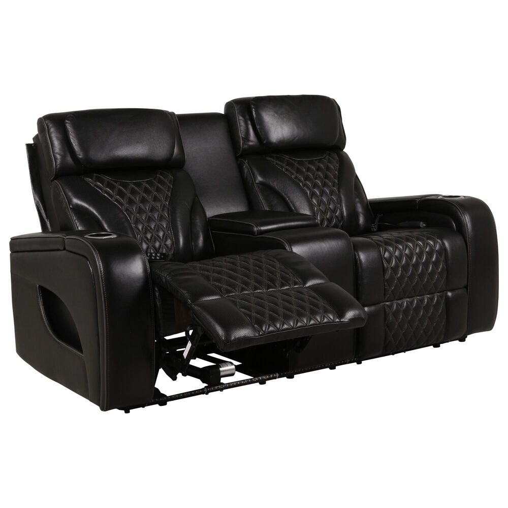 Aurora Furnishings Livorno Leather Power Reclining Console Loveseat with Massage in Black, , large