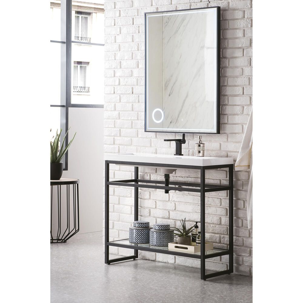 James Martin Vanities Boston 39.5&quot; Single Bathroom Vanity in Matte Black with 3 cm White Glossy Resin Countertop and Rectangular Sink, , large