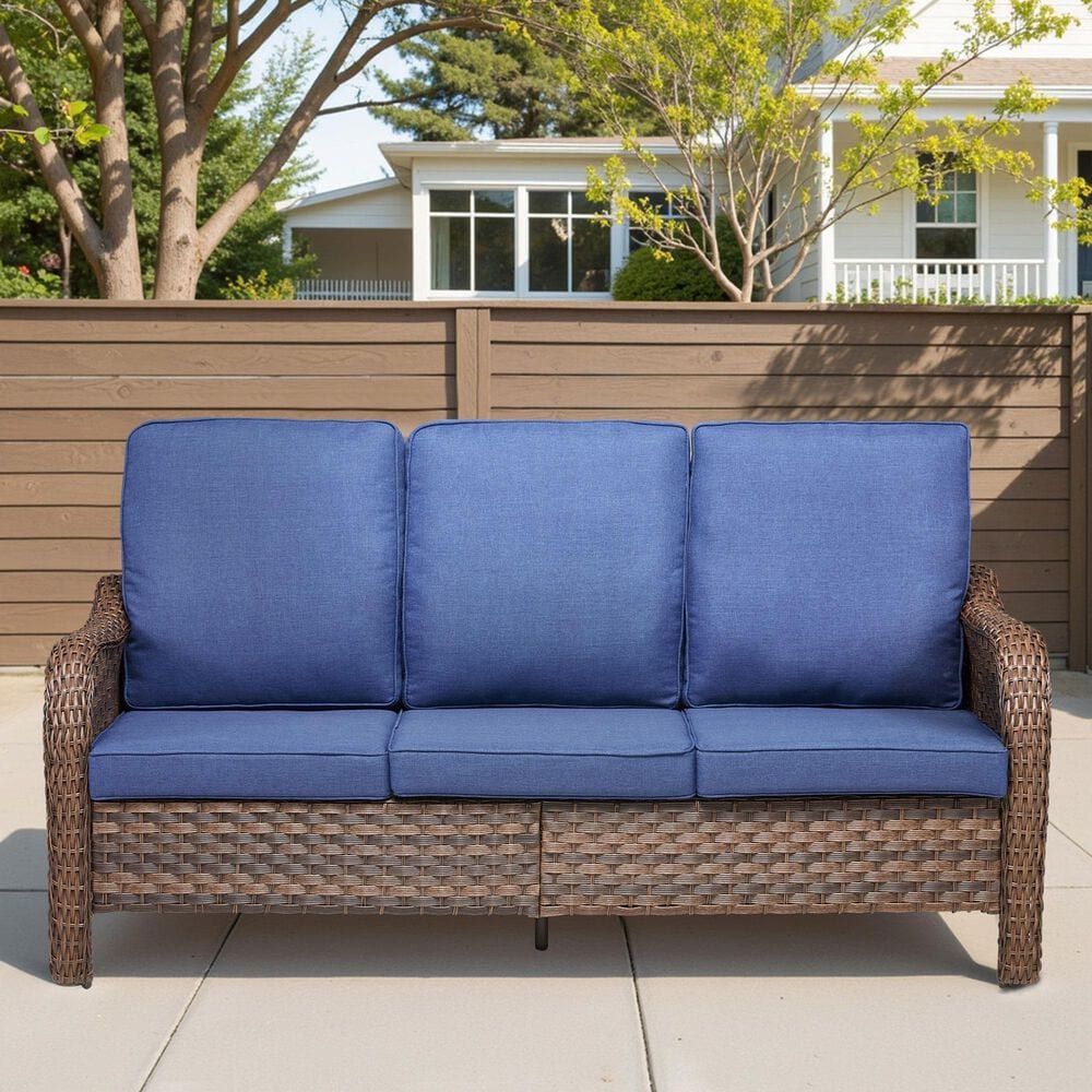 Hearth and Haven Outdoor PE Wicker Sofa with Deep Seat Cushions in Blue, , large