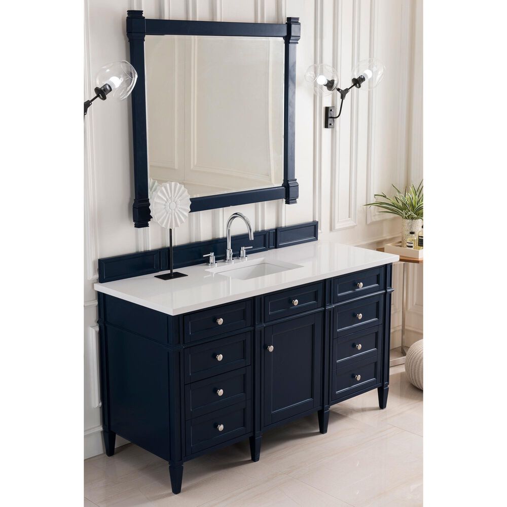 James Martin Vanities Brittany 60" Single Bathroom Vanity in Victory Blue with 3 cm White Zeus Quartz Top and Rectangular Sink, , large