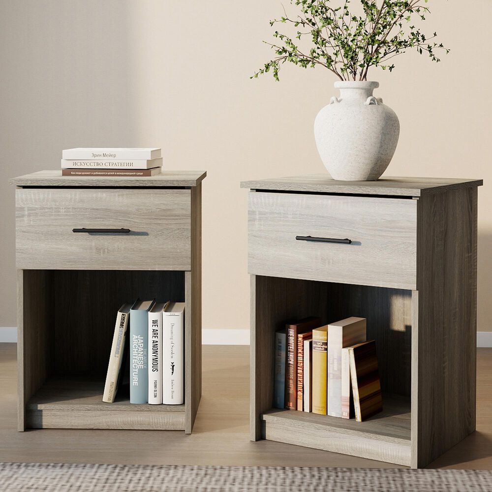 HOMLUX 1-Drawer Modern Nightstand with Bar Handle in French Oak Grey (Set of 2), , large