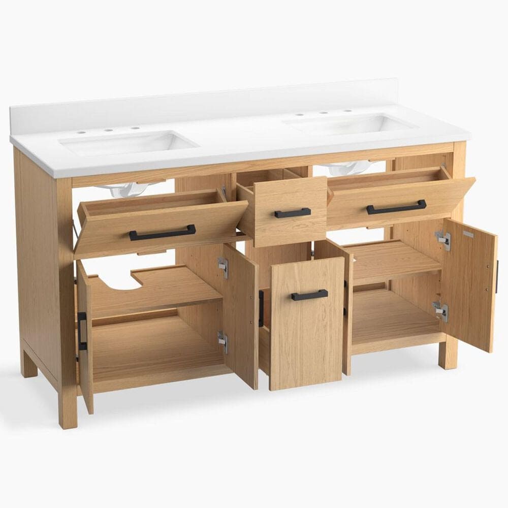 Kohler Kresla 60" Double Bathroom Vanity in Light Oak with 3 cm White Quartz Top and Rectangular Sinks, , large