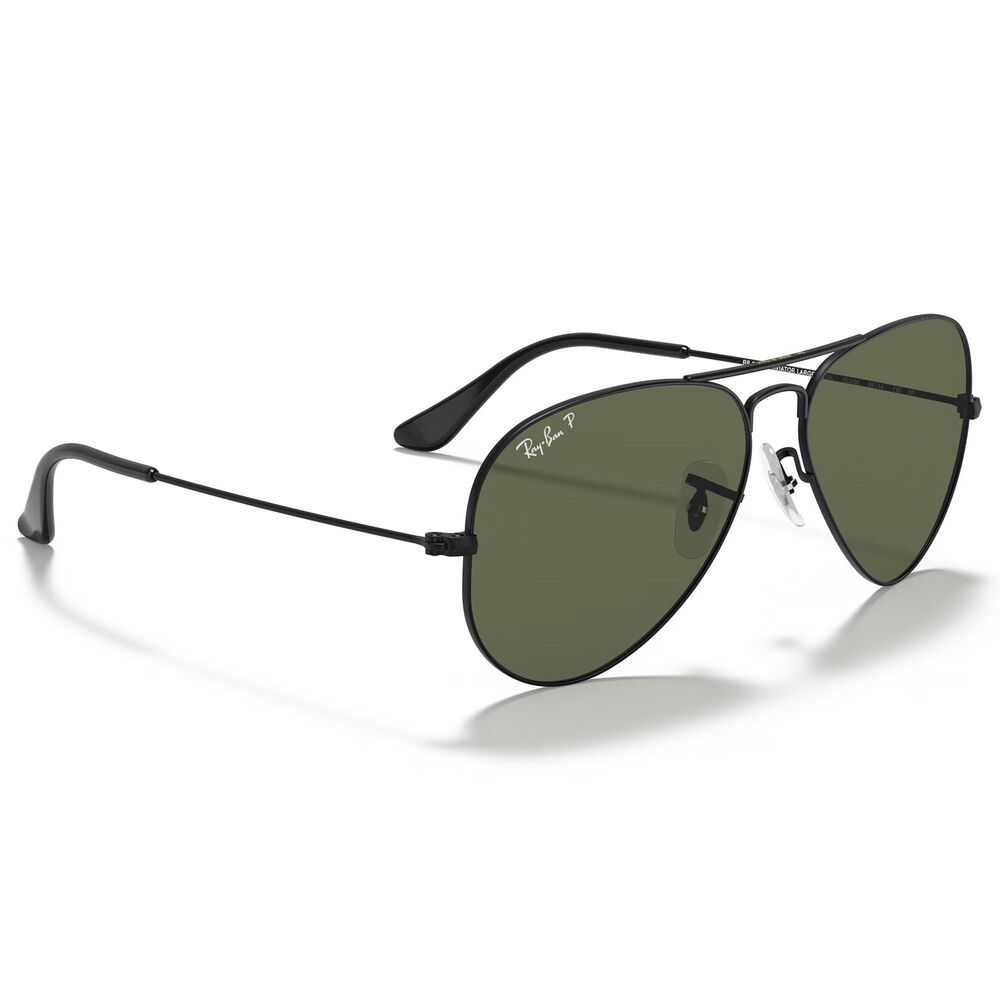 Ray-Ban Aviator Classic Sunglasses with Green Polarized Lenses in Polished Black, , large