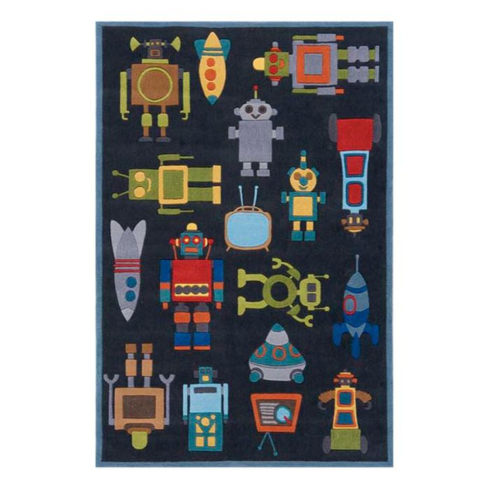 Little Dreamer Lil Mo Whimsy Robots 3' x 5' Steel Blue Kids Rug, , large