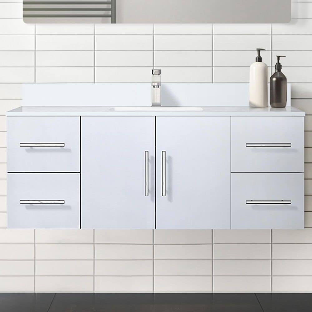 Lexora Home Geneva 48&quot; Single Bathroom Vanity in Glossy White with 2 cm White Cultured Marble Top and Rectangular Sink, , large