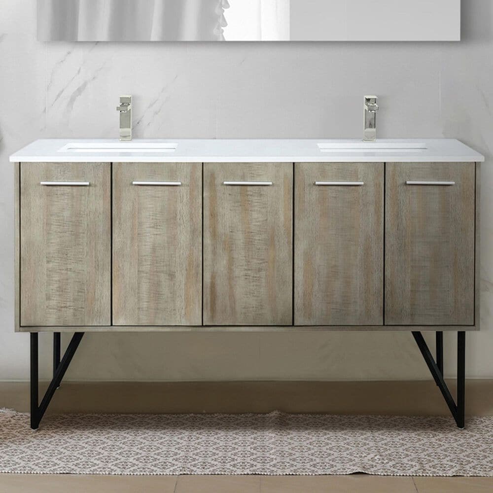 Lexora Home Lancy 60&quot; Double Bathroom Vanity in Rustic Acacia with 2 cm White Cultured Marble Top and Rectangular Sinks, , large