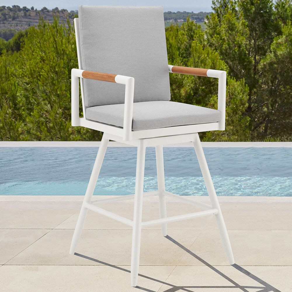 Armen Living Crown Patio Swivel Counter Height Bar Stool with Light Gray Cushion in White, , large
