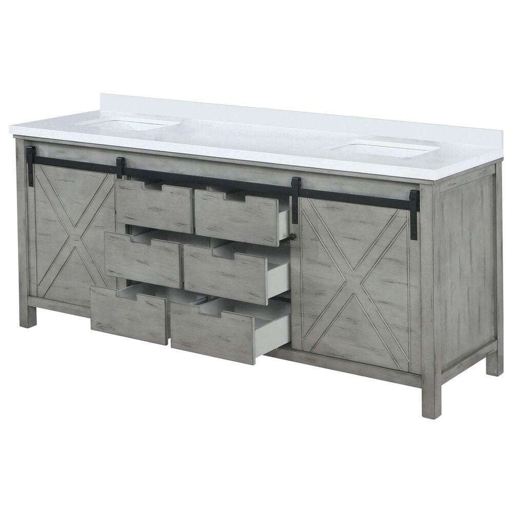 Lexora Home Marsyas 84&quot; Double Bathroom Vanity in Ash Grey with White Quartz Top and Rectangular Sinks, , large
