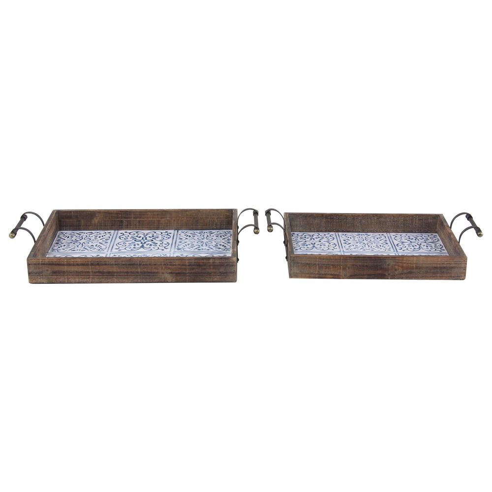 Maple and Jade Farmhouse Tray in Brown, White and Blue (Set of 2), , large