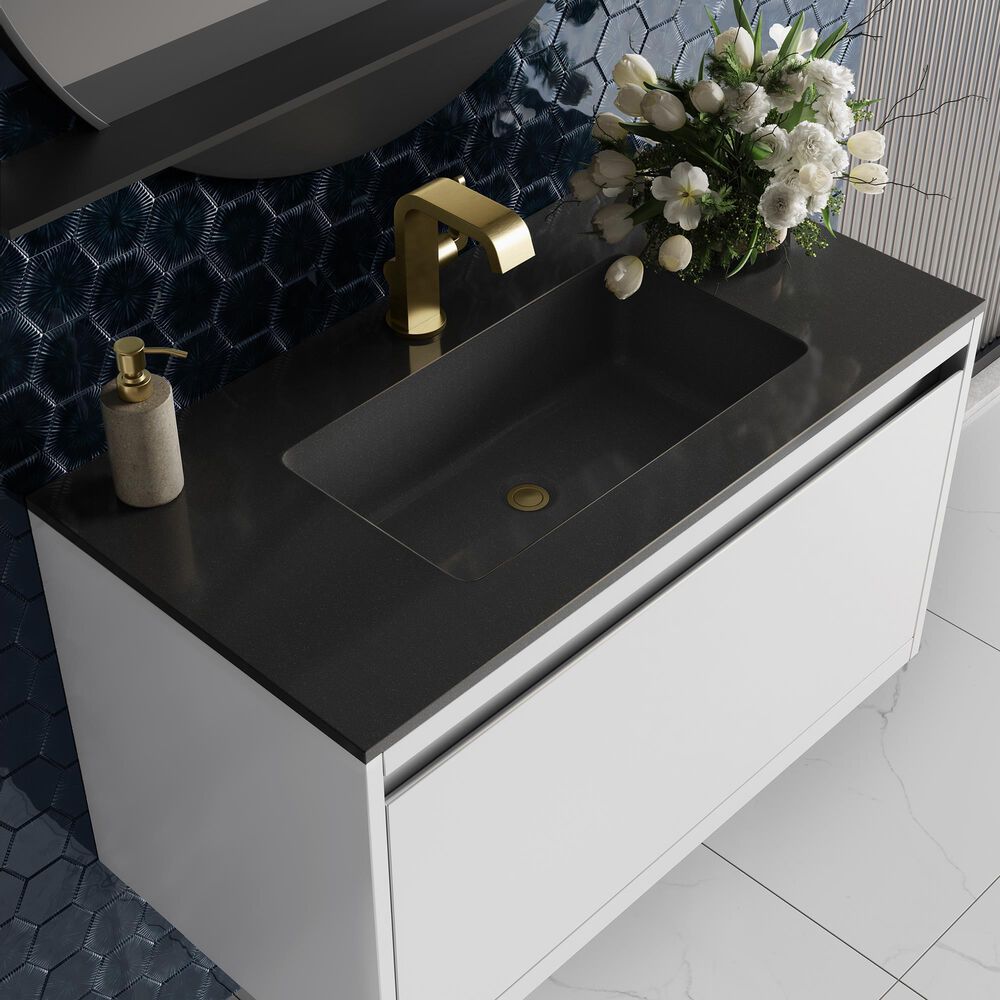 James Martin Mantova 35.4&quot; Single Bathroom Vanity in Glossy White and Champagne Brass with 2 cm Charcoal Black Resin Countertop and Rectangular Sink, , large