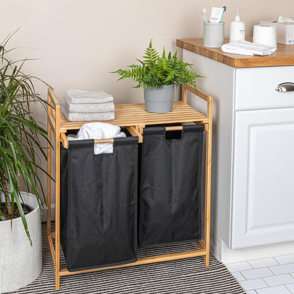 Household Essentials Pull-Out Double Hamper with Shelf in Natural, , large
