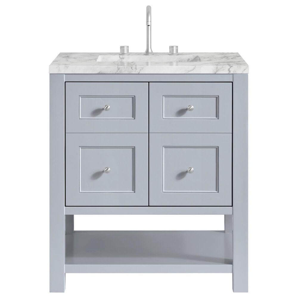 James Martin Vanities Breckenridge 30" Single Bathroom Vanity in Serenity Blue with 3 cm Carrara White Marble Top and Rectangular Sink, , large