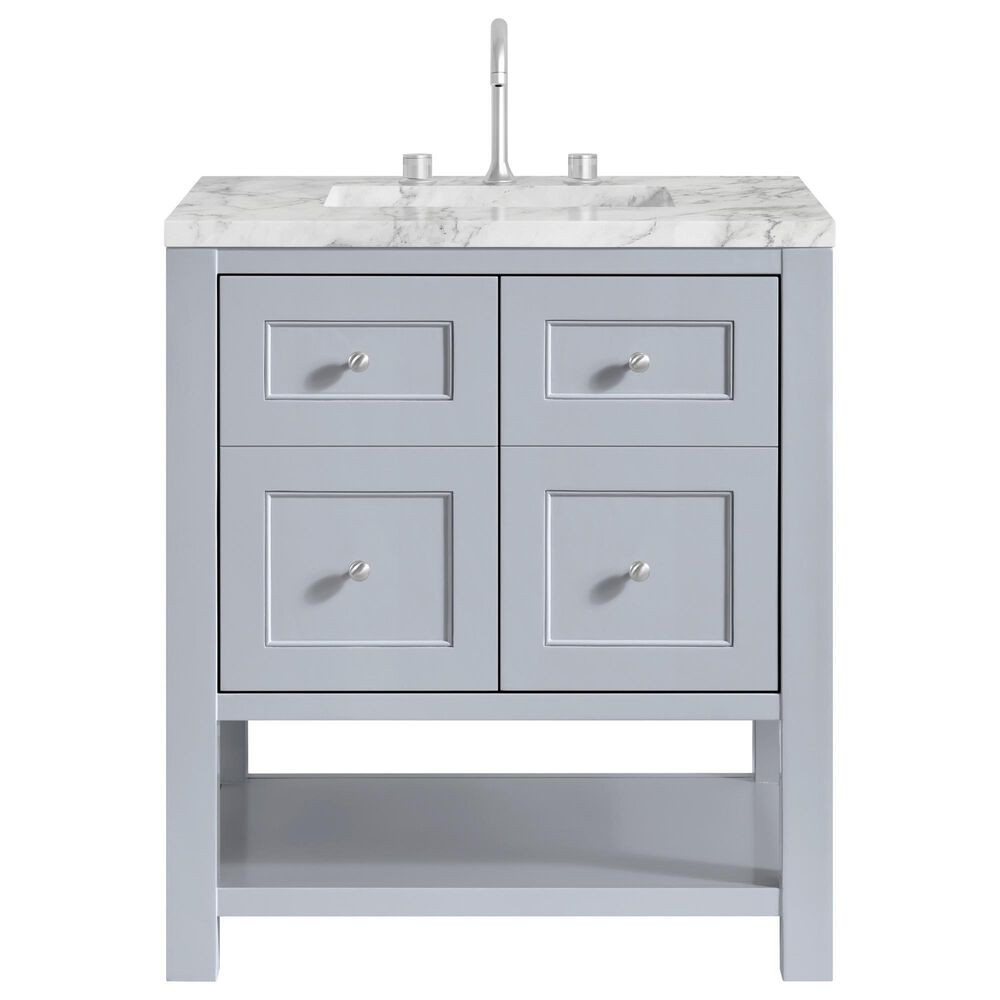 James Martin Vanities Breckenridge 30" Single Bathroom Vanity in Serenity Blue with 3 cm Carrara White Marble Top and Rectangular Sink, , large