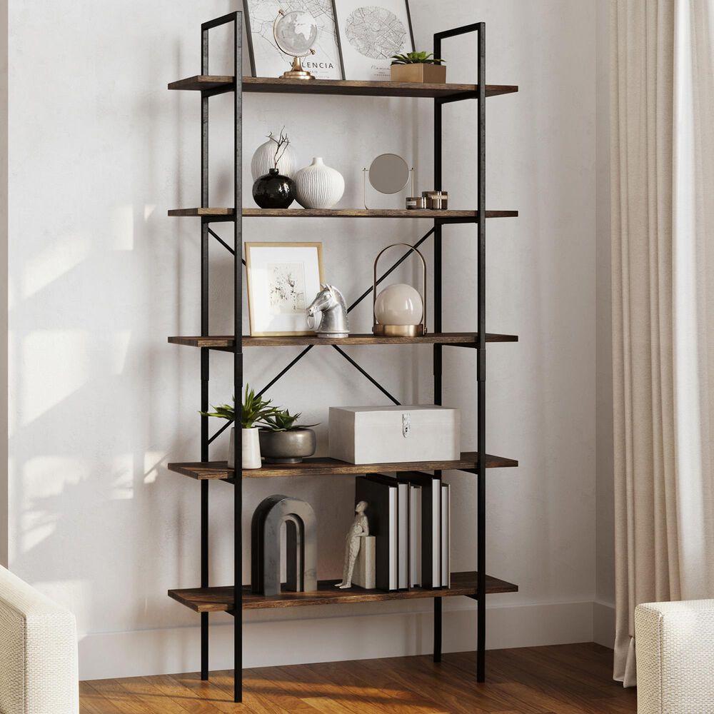 Timberlake Hastings Home Industrial 5-Tier Bookcase in Brown and Black, , large
