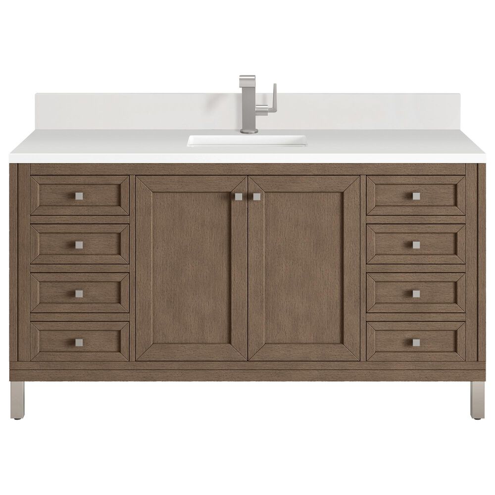 James Martin Vanities Chicago 60" Single Bathroom Vanity in Whitewashed Walnut with Single Hole 3 cm White Zeus Quartz Top and Rectangular Sink, , large