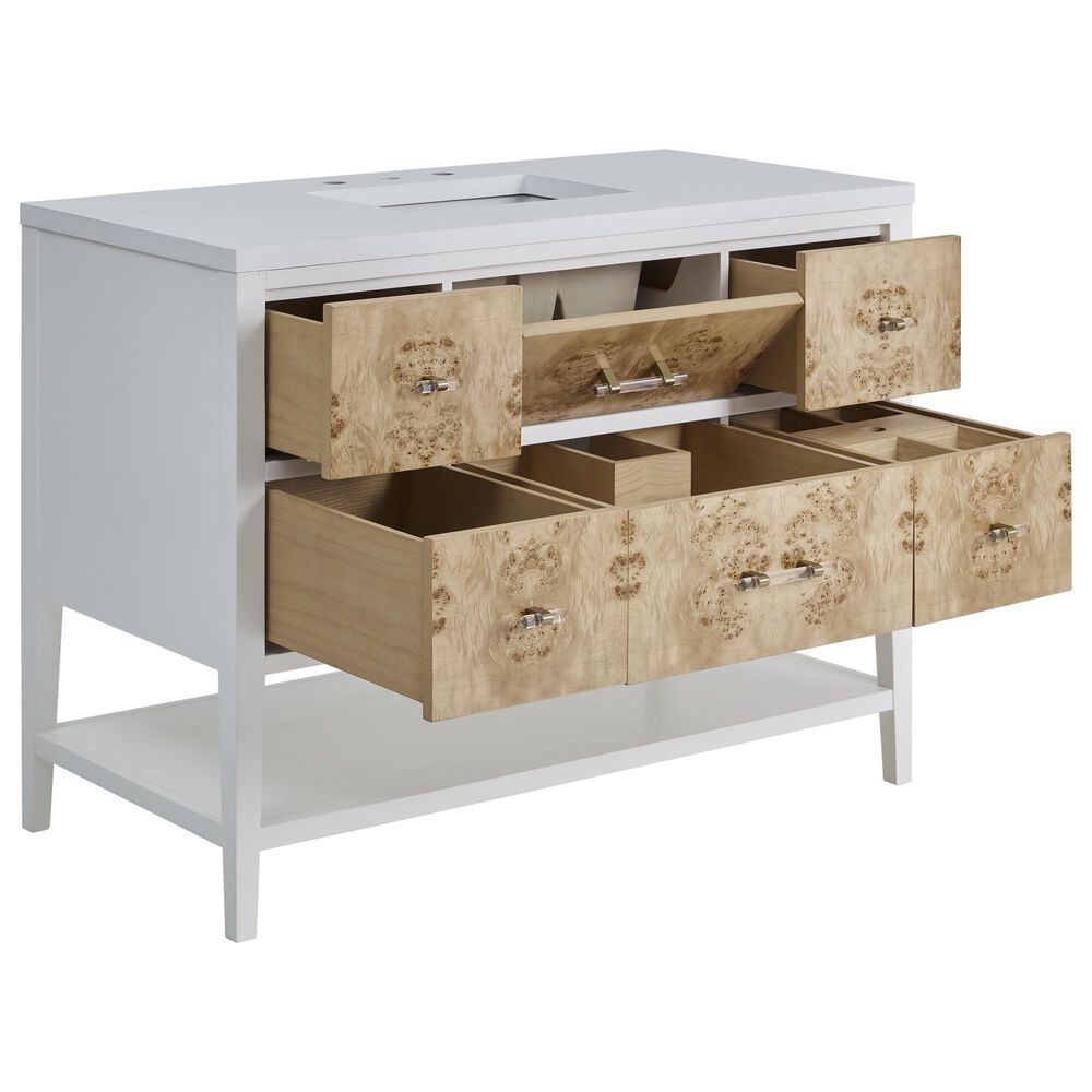 James Martin Vanities Olena 36&quot; Single Vanity in Light Mappa Burl and Polished White with Single Hole 3 cm White Zeus Quartz Top &amp; Backsplash, , large