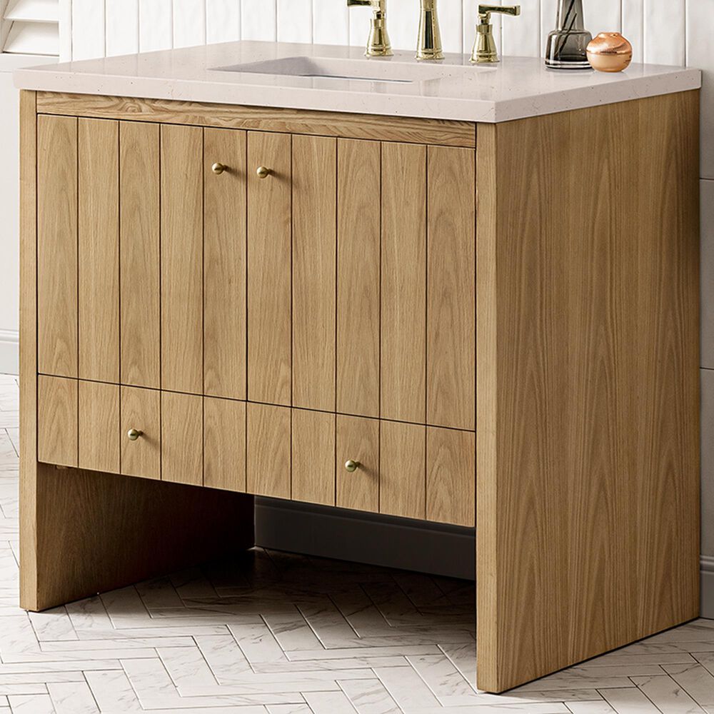 James Martin Vanities Hudson 36&quot; Single Bathroom Vanity in Light Natural Oak with 3 cm Eternal Marfil Quartz Top and Rectangular Sink, , large
