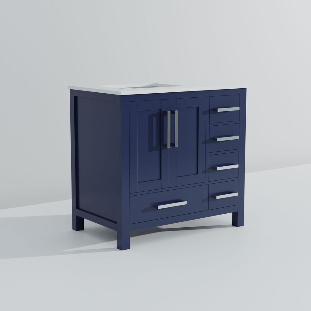 Lexora Home Jacques 36&quot; Left Offset Single Bathroom Vanity in Navy Blue with 2 cm White Quartz Top and Rectangular Sink, , large
