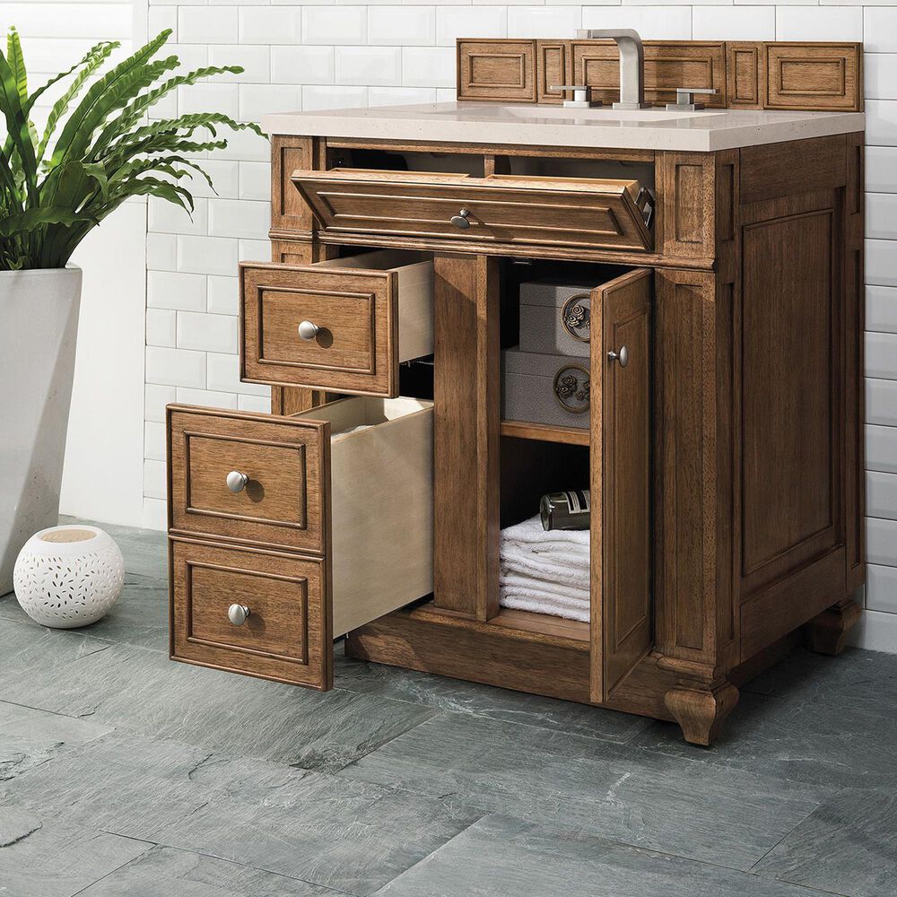 James Martin Vanities Bristol 30&quot; Single Bathroom Vanity in Saddle Brown with 3 cm Eternal Marfil Quartz Top and Rectangular Sink, , large