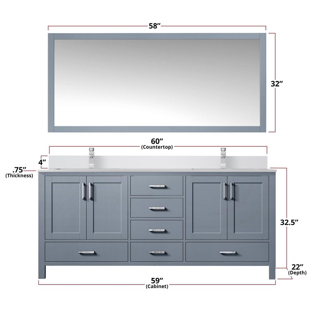 Lexora Home Jacques 60&quot; Double Bathroom Vanity in Distressed Grey with 2 cm White Cultured Marble Top and Rectangular Sinks, , large