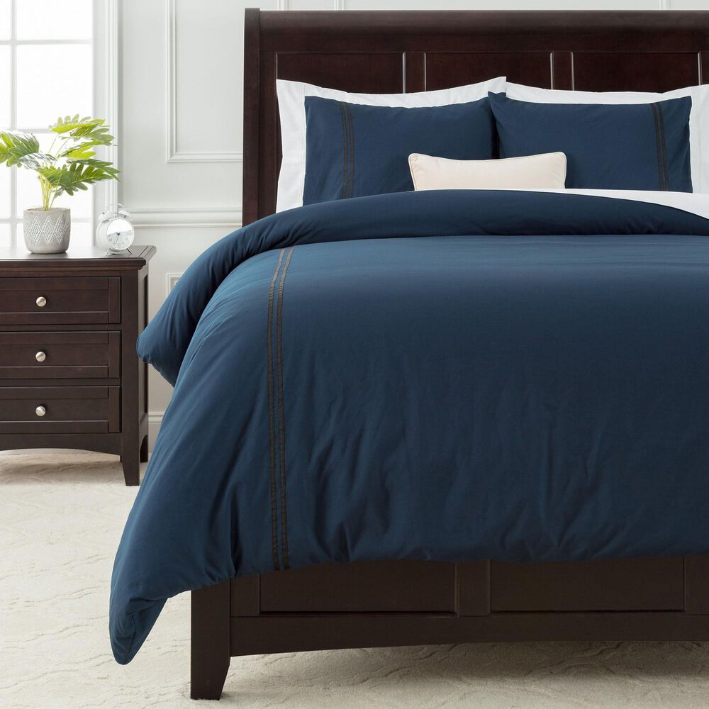 Bordered Ribbon 3-Piece King Duvet Cover Set in Navy, , large