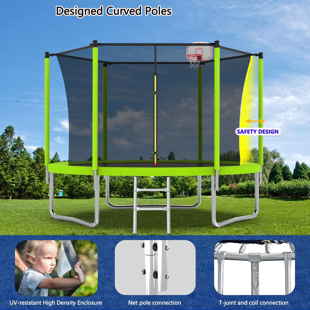 HOMLUX 10' Outdoor Trampoline Sports with Ladder in Green, , large